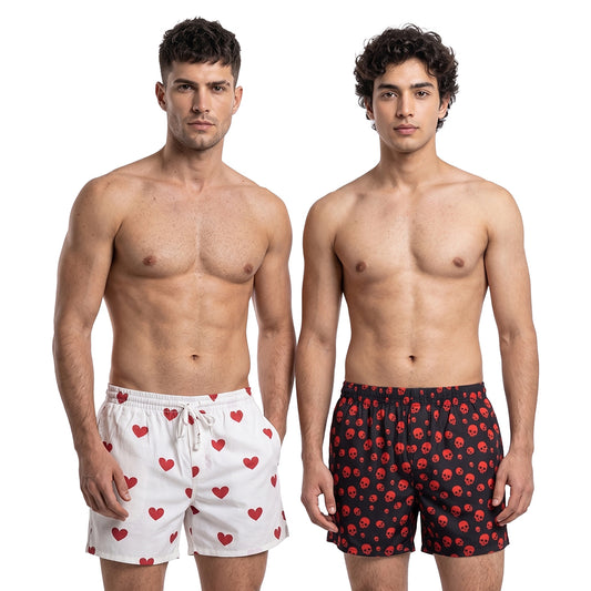 Red Skulls & Hearts on White (Pack of 2)-Men's Organic Cotton Shorts