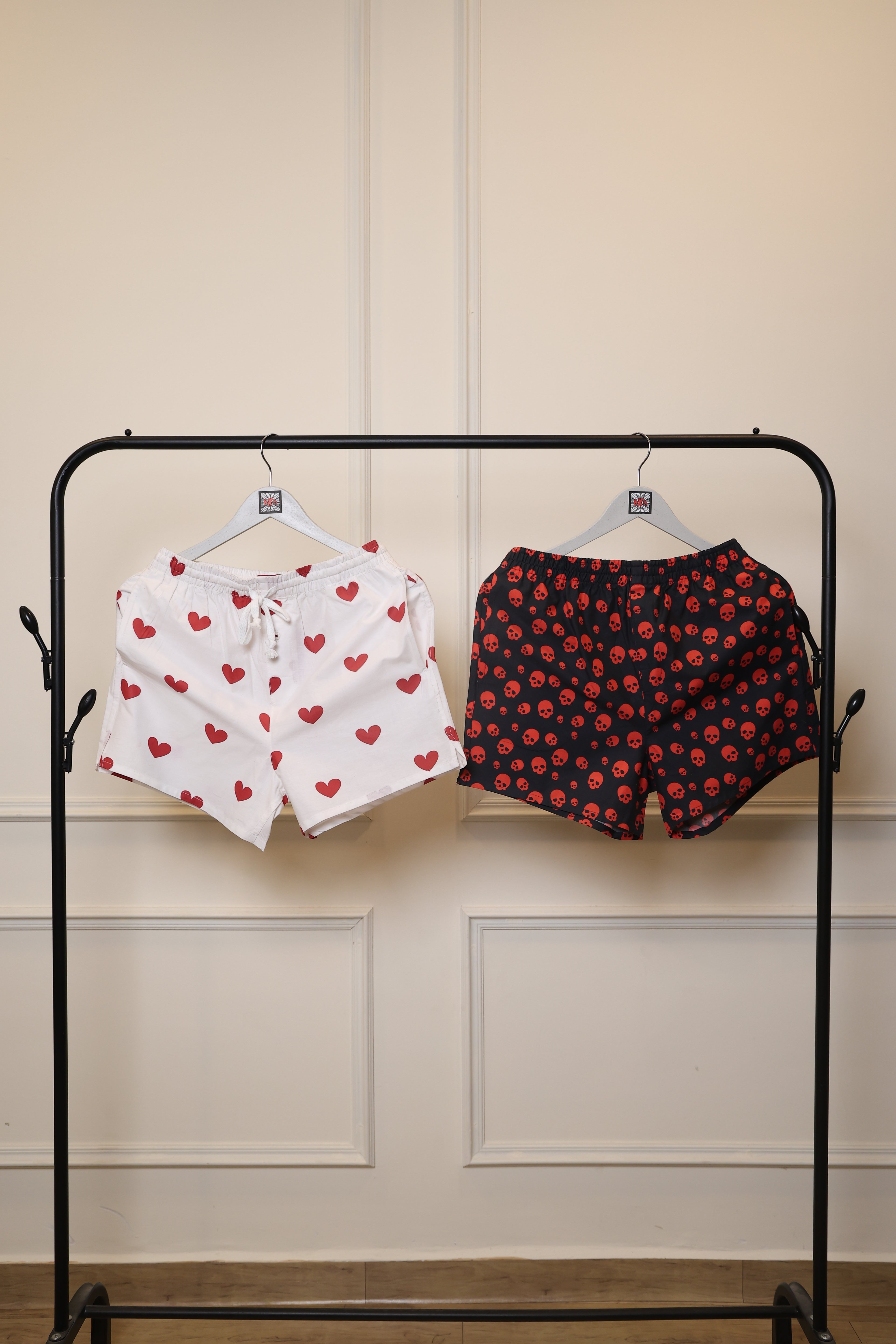 Men's Organic Cotton Shorts - Red Skulls & Hearts on White (Pack of 2)